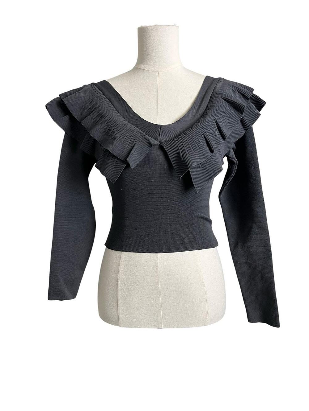 Women's Black Ruffled V-Neck Sweater Top